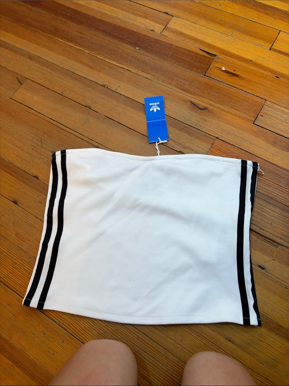 adidas White Strapless Tube Top with Black Side Stripes and Logo Tag